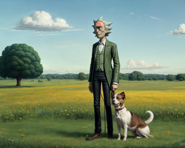 Character in Meadow with Dog and Vibrant Landscape