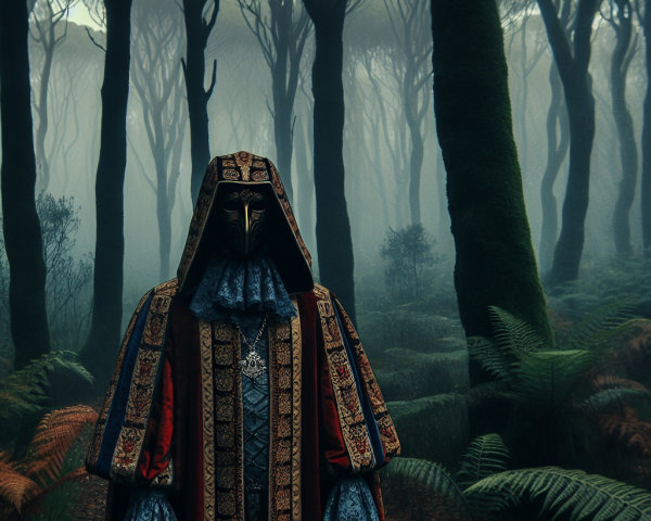 Mysterious Figure in Foggy Forest with Beaked Mask