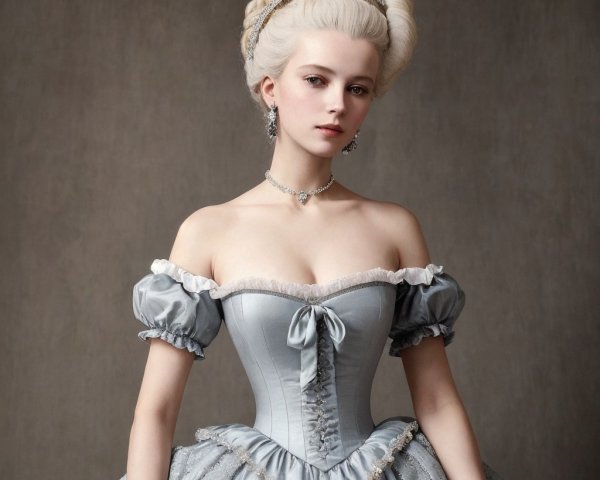 Low-angle portrait of a woman with blonde updo and tiara