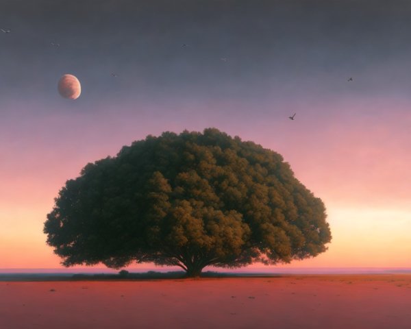 Twilight Landscape with Majestic Tree and Distant Planet