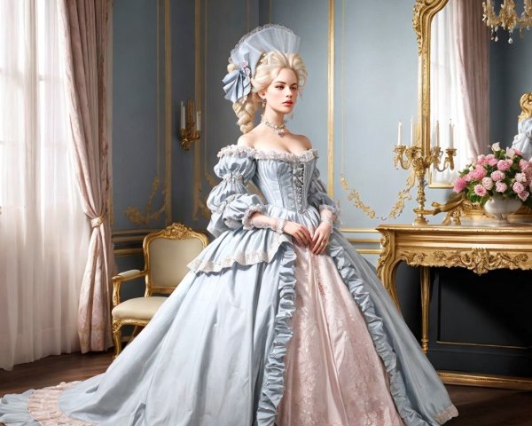 Elegant Woman in Opulent Pastel Gown in Lavish Room