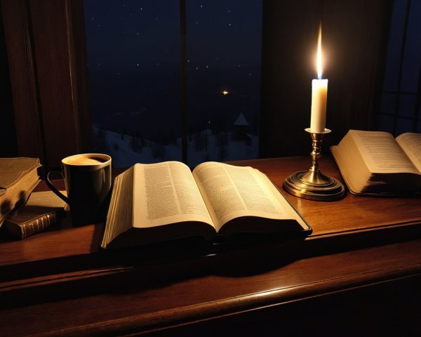 Cozy Night Reading Scene with Books and Candlelight