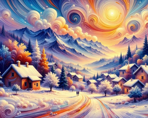Whimsical Winter Landscape with Colorful Skies and Mountains