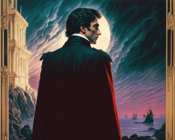 Mysterious Figure in Red Cape on Rocky Coastline