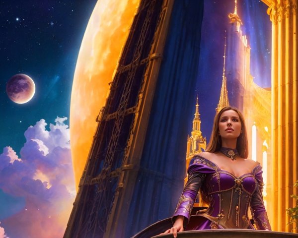 Majestic Figure in Ornate Gown Amidst Fantastical Landscape