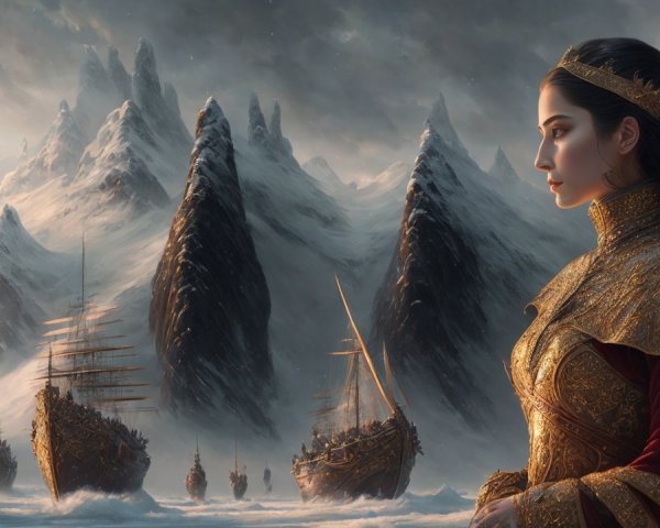 Regal Figure in Golden Armor Against Snowy Landscape