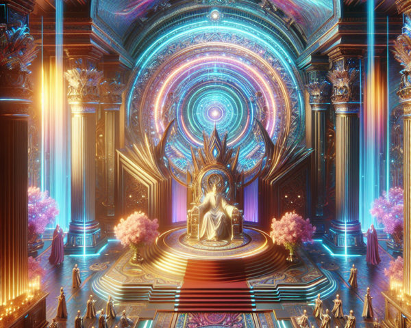 Futuristic palace with throne and ethereal figures