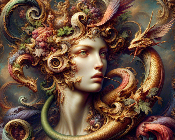 Enchanting Figure with Flowing Hair and Dragon