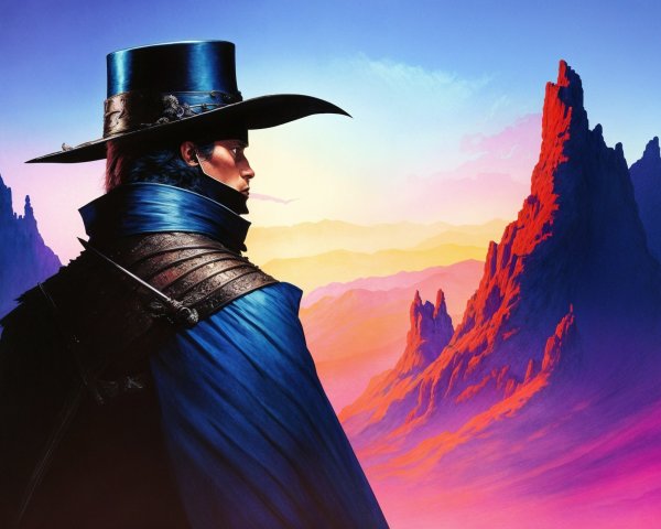 Lone Figure in Colorful Landscape with Mountains