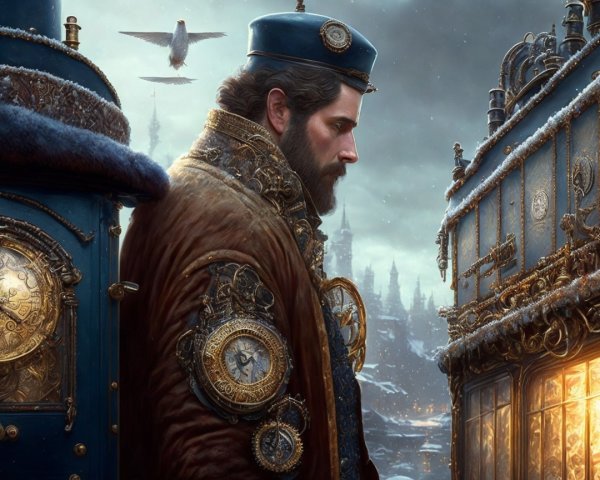 Regal Figure in Steampunk Setting with Clockwork Machinery
