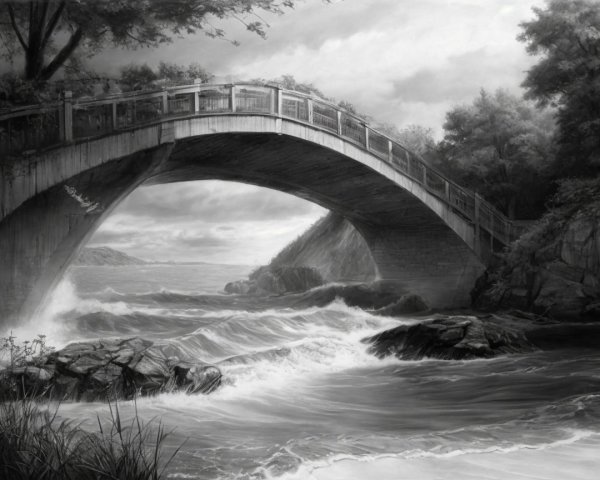 Black and White Illustration of a Stone Bridge Over Water
