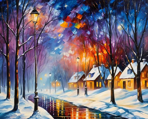 Winter Village Scene with Snow and Twilight Sky