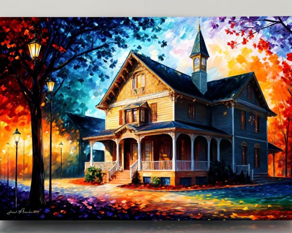 Impressionistic Painting of a Victorian House in Autumn