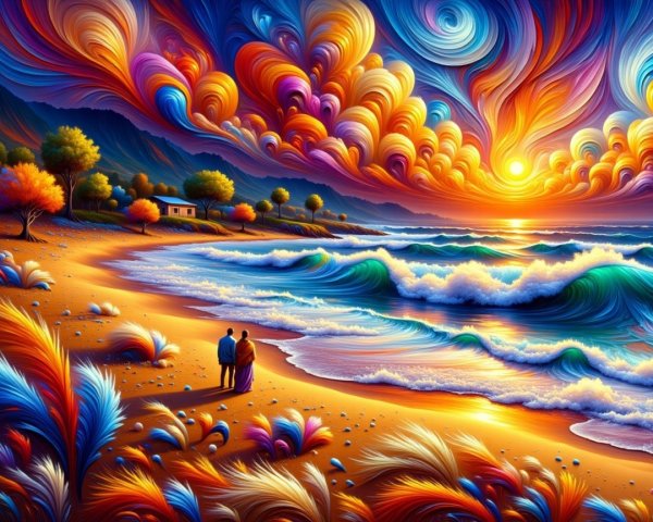 Vibrant Sunset Over Serene Beach with Gentle Waves