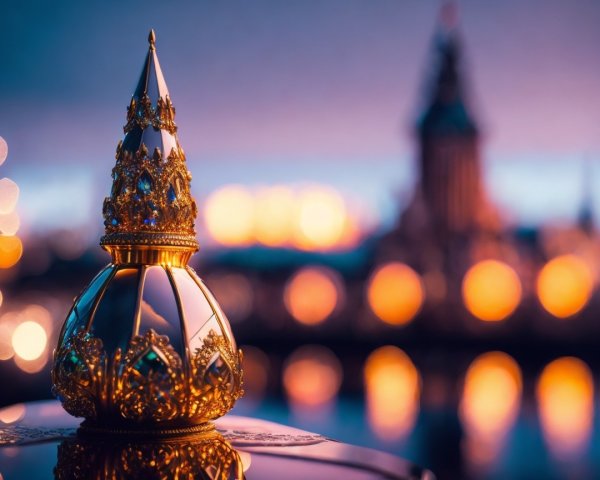Golden Cone-Shaped Ornament Against Blurred Cityscape