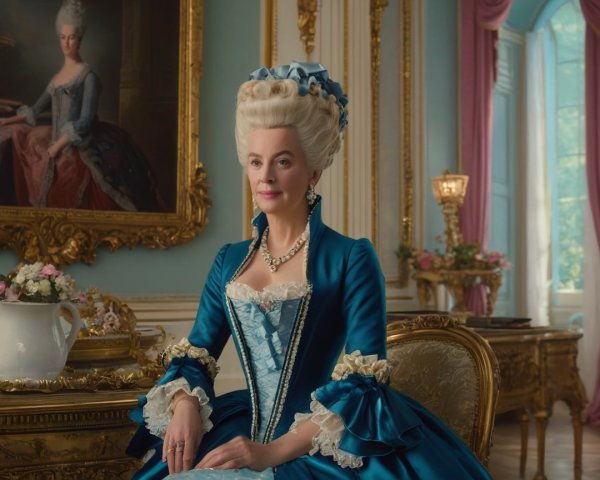 Aristocratic Woman in Blue Gown in Luxurious Room