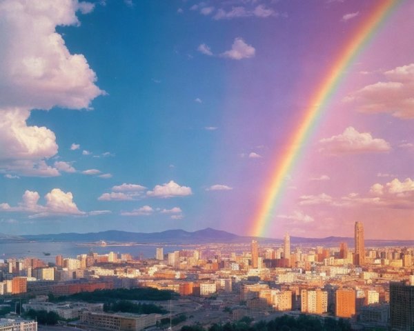 Vibrant cityscape with rainbow and lush greenery