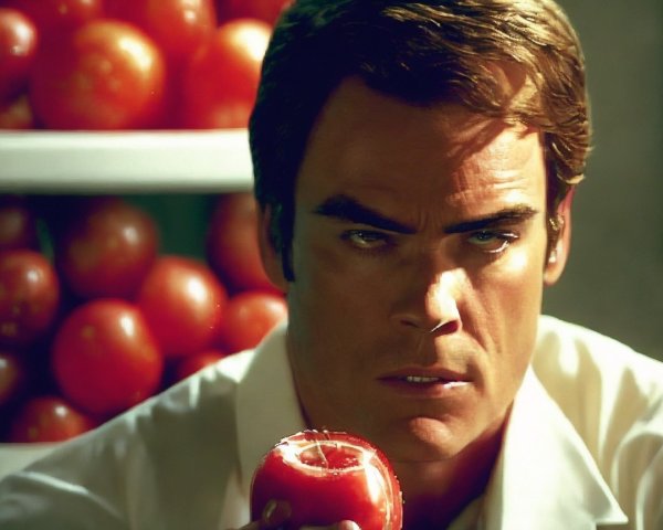 Man Holding Sliced Tomato with Vibrant Red Backdrop
