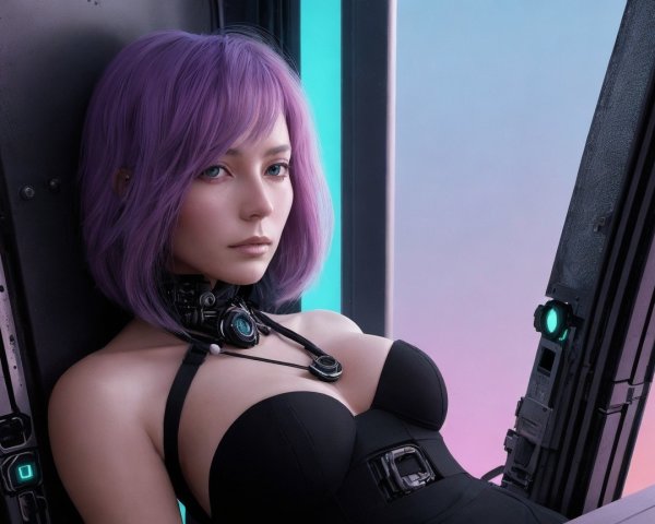 Futuristic character with pastel hair in neon setting