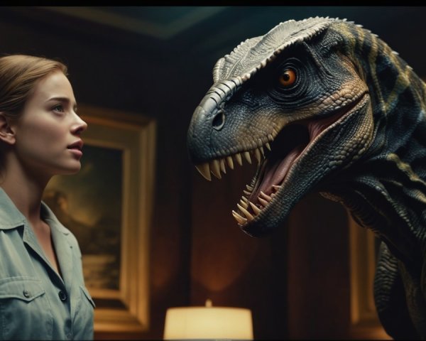 Dinosaur Encounter in a Dimly Lit Room with Artwork
