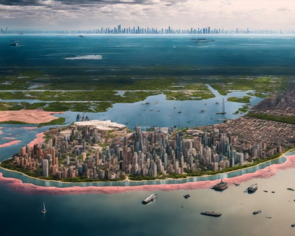 Aerial View of a Futuristic Island City Complex