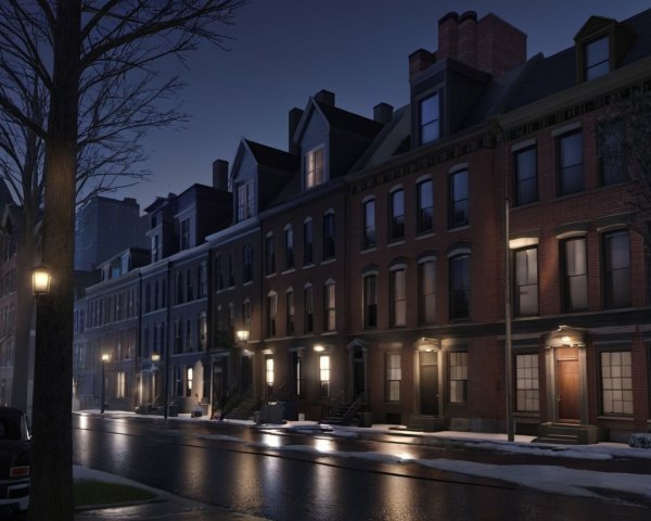 Quiet Night Street with Brownstone Buildings and Snow