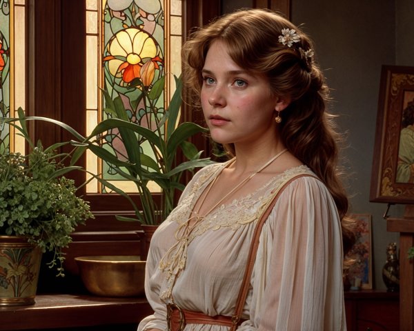 Young Woman by Stained-Glass Window in Tranquil Setting