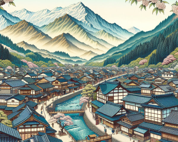 Traditional Japanese Town Surrounded by Mountains