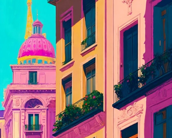 Vibrant Cityscape with Colorful Buildings and Dome