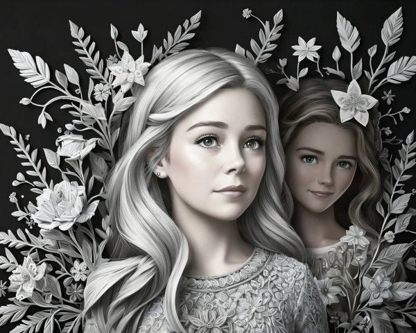 Elegant Illustration of Two Girls with Floral Designs