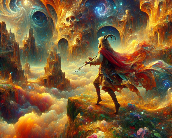Mystical figure playing violin in cosmic landscape