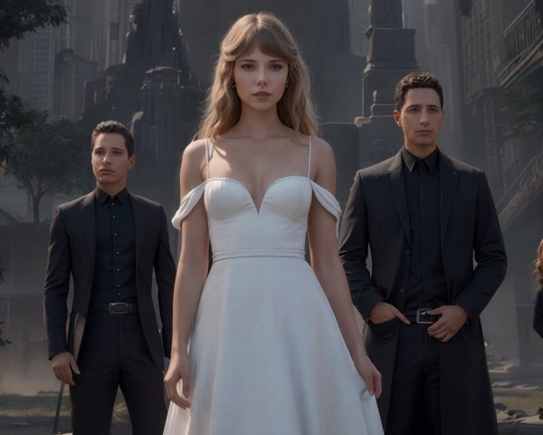 Digital Painting of Woman in Wedding Dress with Men