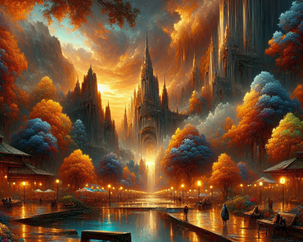 Detailed Fantasy Landscape with Castle and Autumn Colors