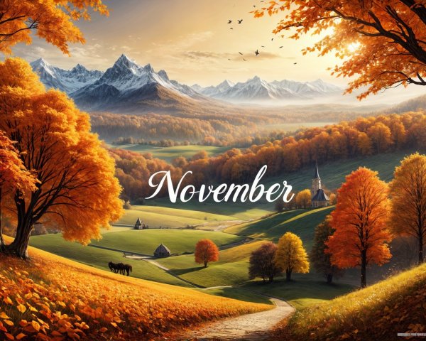 Autumn Landscape with Trees, Hills, and Mountains