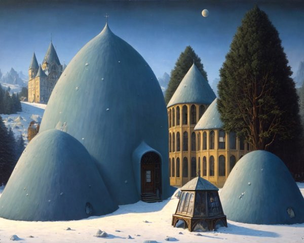 Surreal Winter Landscape with Dome Structures and Castle