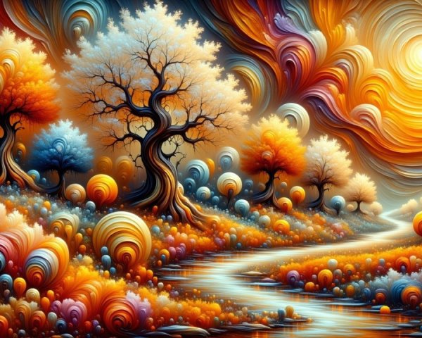 Surreal Landscape with Whimsical Trees and River
