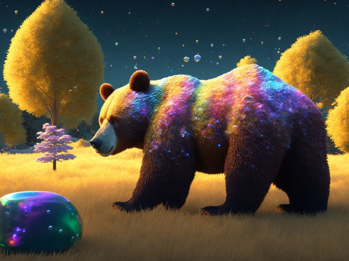 Majestic bear in a colorful dreamlike landscape