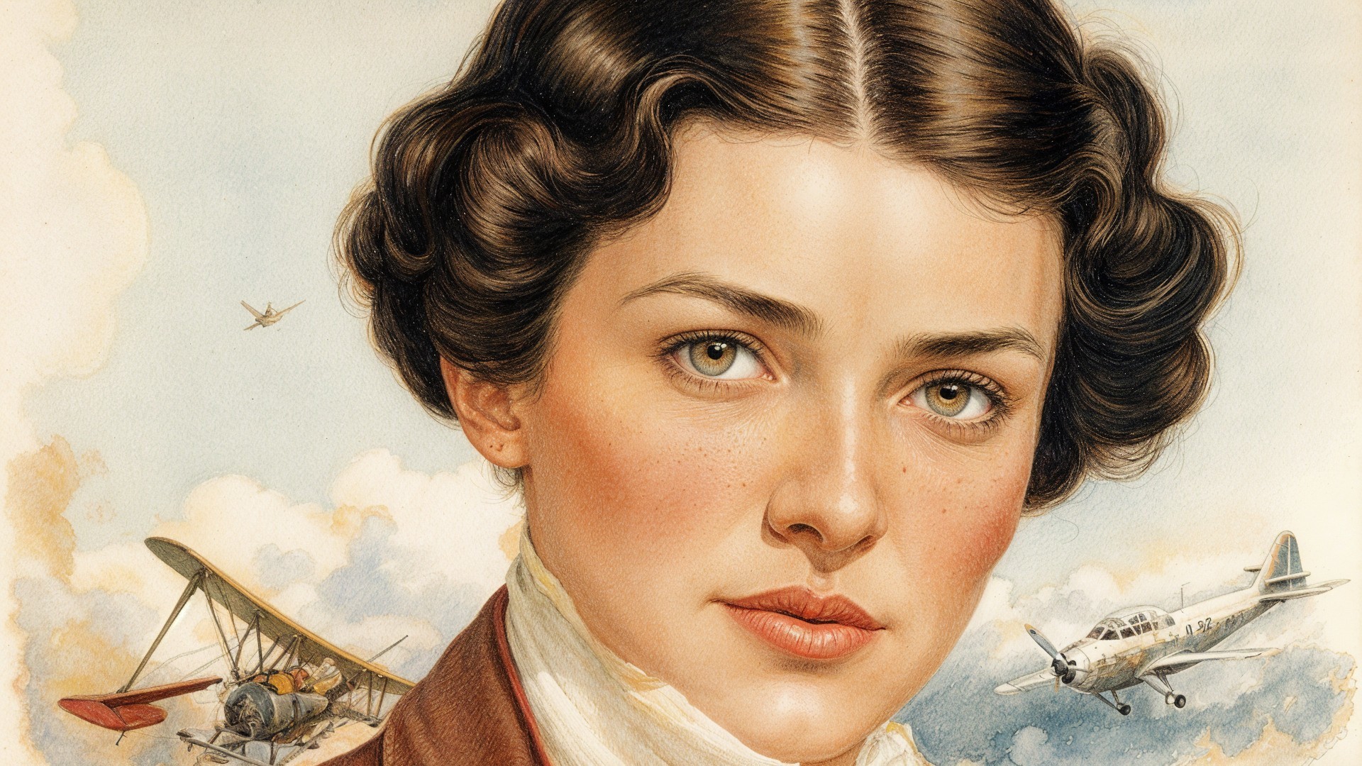 Young Woman in Vintage Aviation Attire with Aircraft