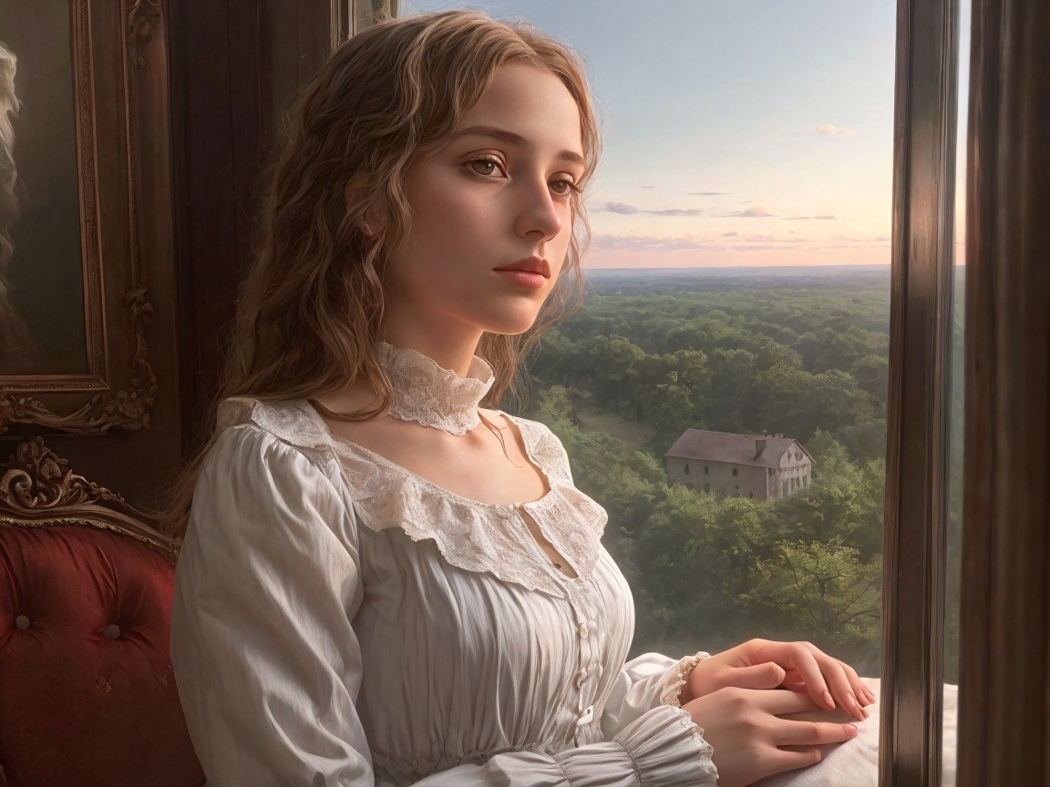 Young woman in nostalgic dress by grand window