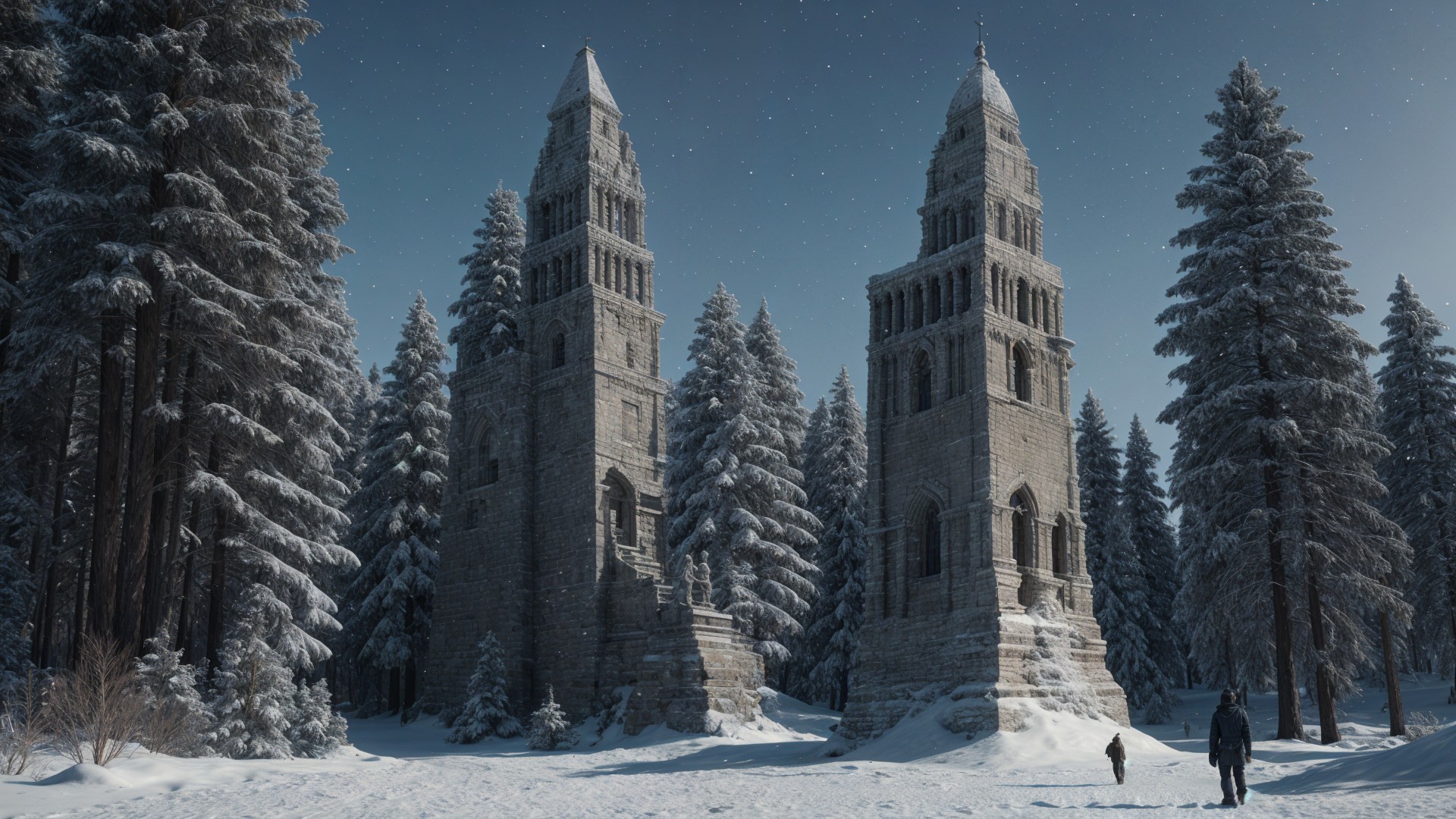 Winter Landscape with Stone Structures and Snowfall