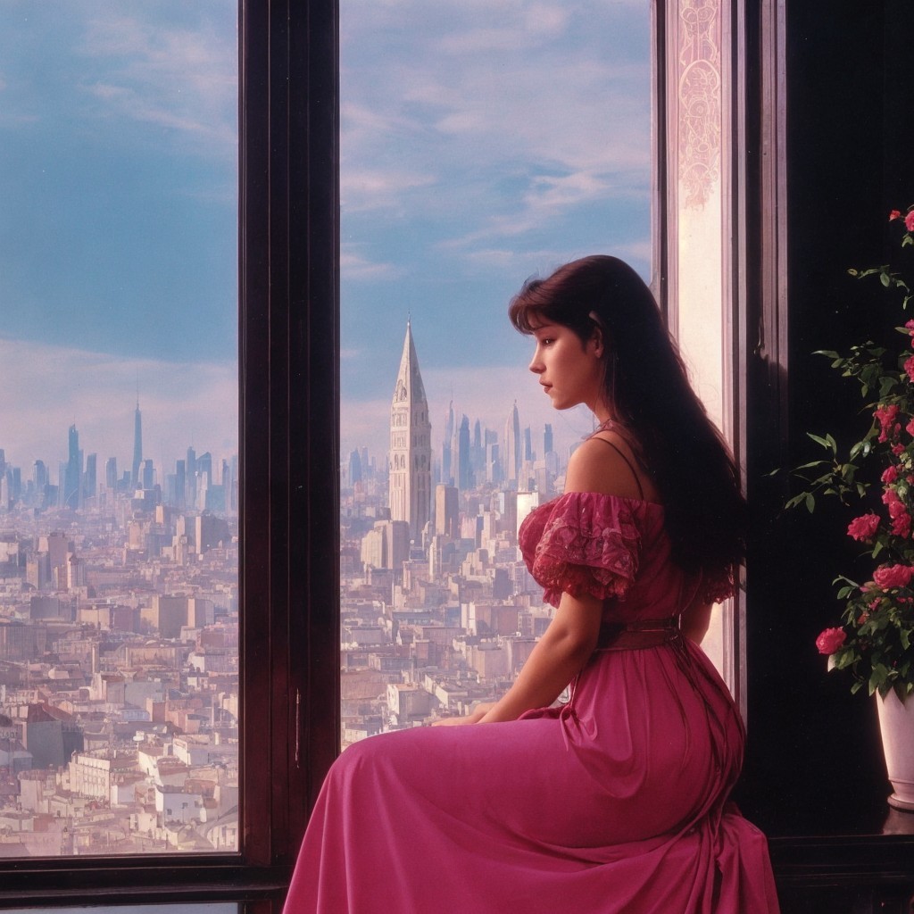 Woman in Pink Dress Gazing at City Skyline Through Window