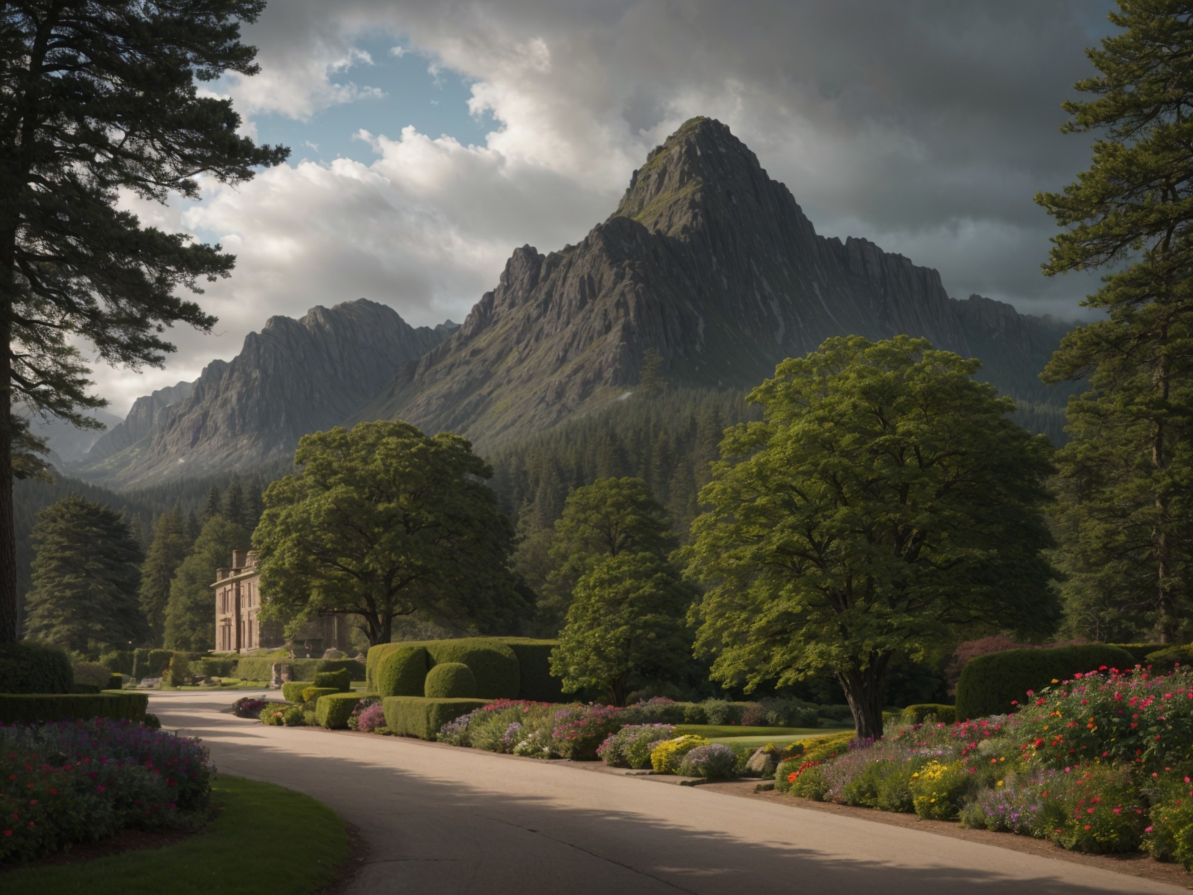 Tranquil Estate Surrounded by Rugged Mountains and Nature