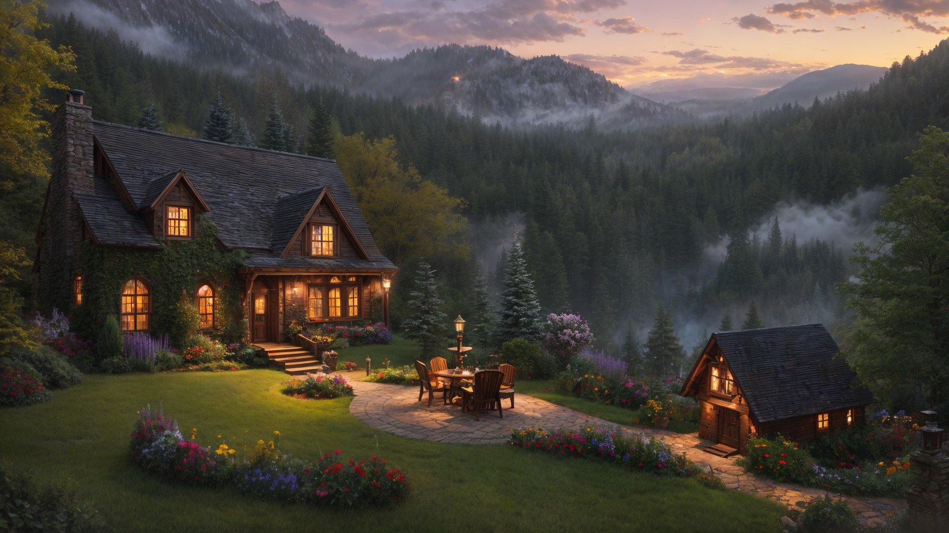 Wooden Cottage in a Lush Green Valley Setting