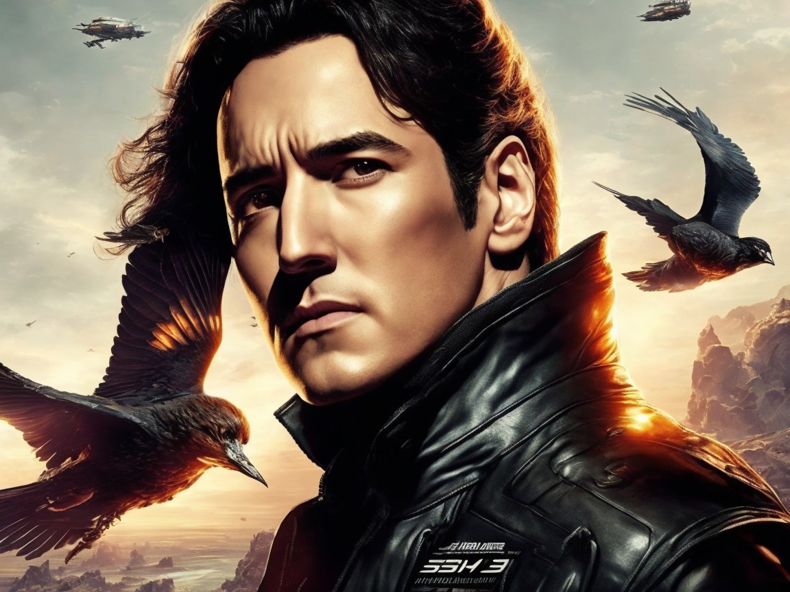 Close-up of a serious male character with crows at sunset