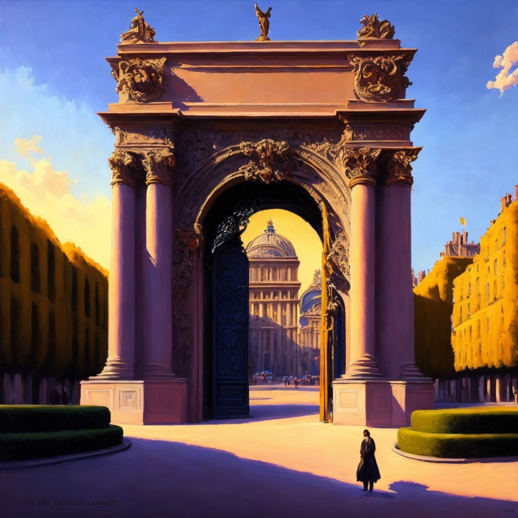 Grand archway with sculptures and domed building view