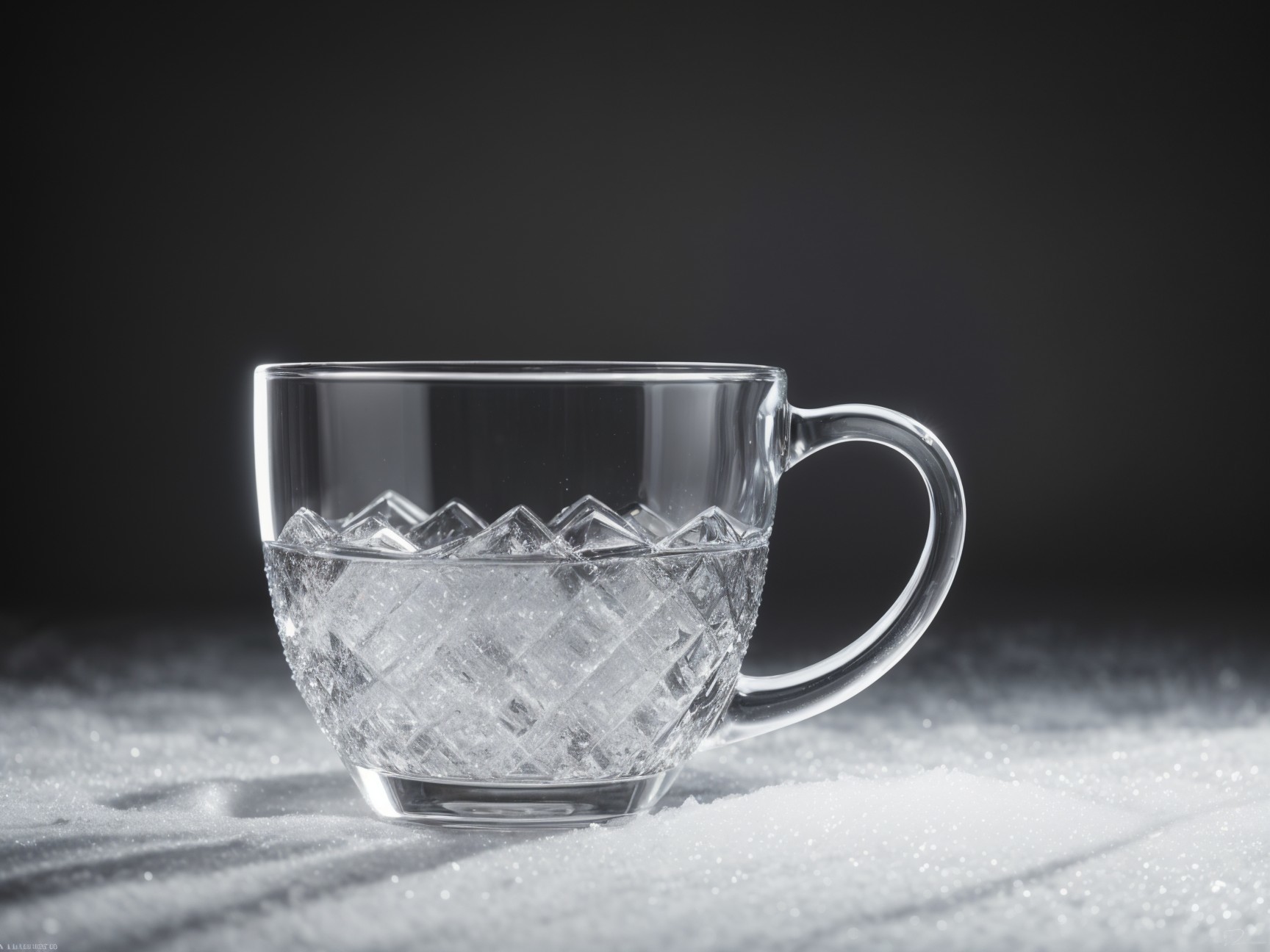 Clear Glass Cup with Diamond Patterns on Dark Surface