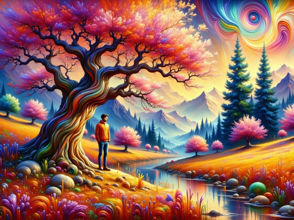 Man by River in Colorful Fantastical Landscape