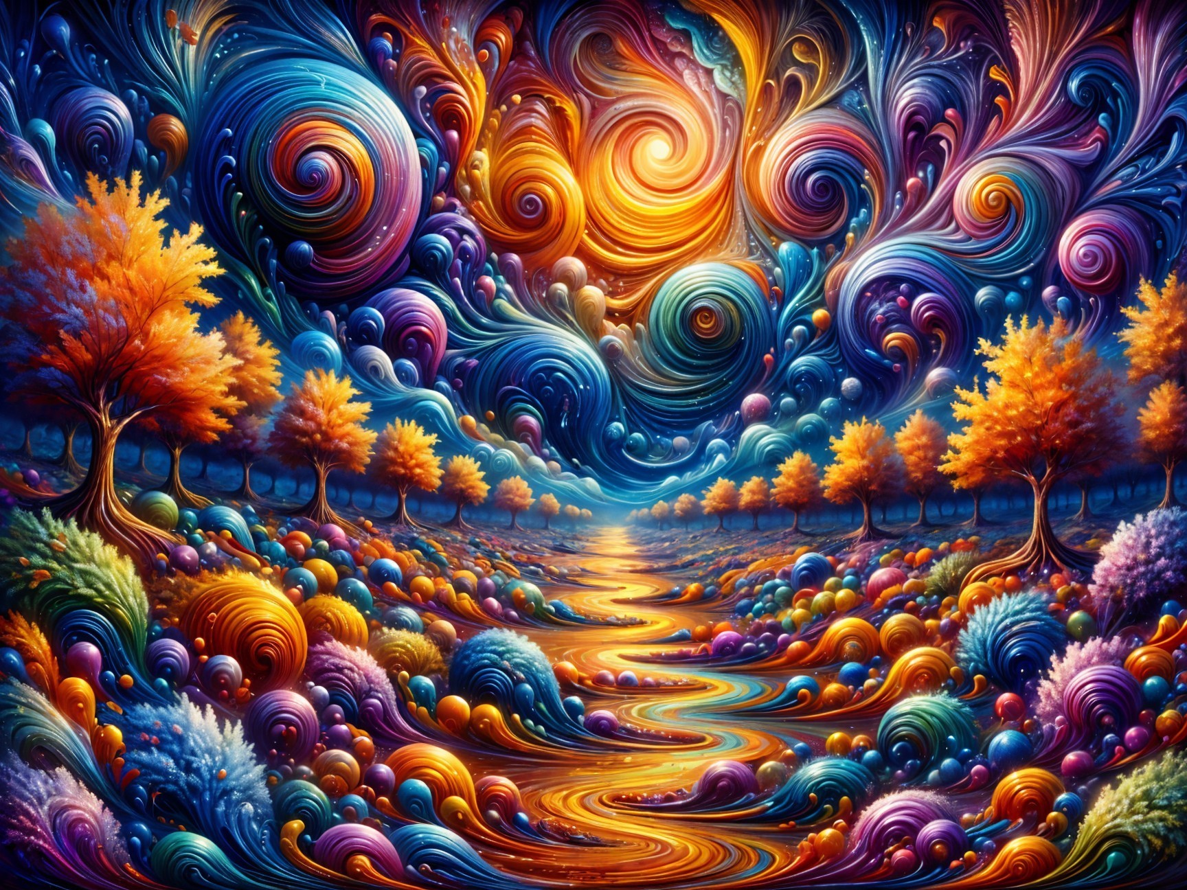 Vibrant Swirling Landscape with Colorful Patterns