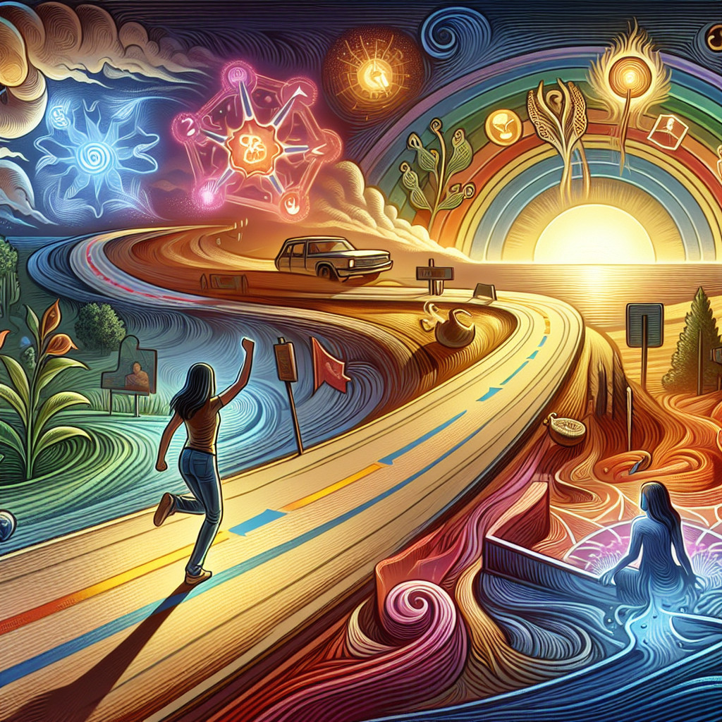 Vibrant Landscape with Sunset, Car, and Floral Motifs