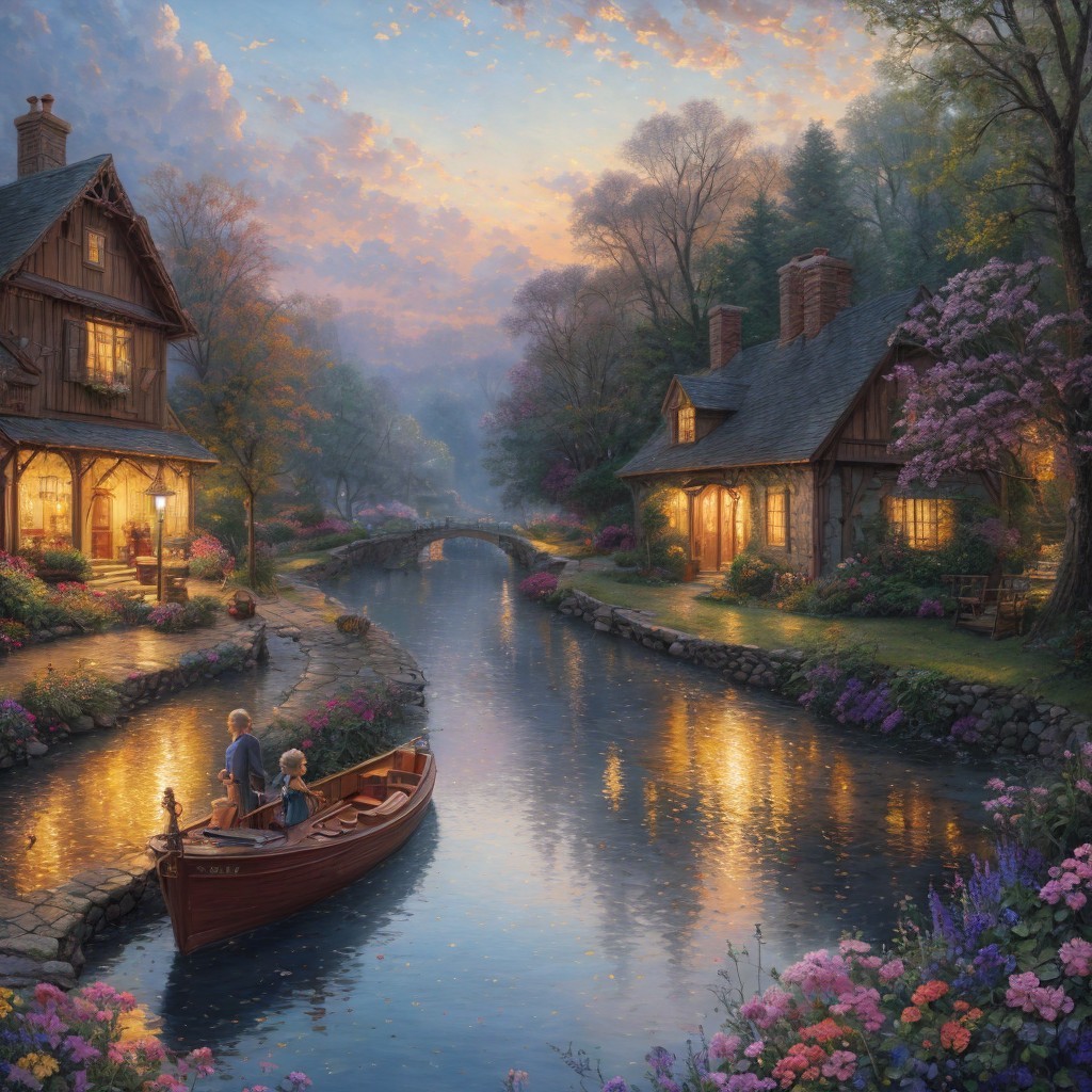 Twilight Canal Scene with Quaint Houses and Flowers